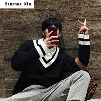

Leisure Campus Style Striped Knitting V-neck Long Sleeve Warm Men Sweater Autumn Casual Loose Youth Student Male Pullover