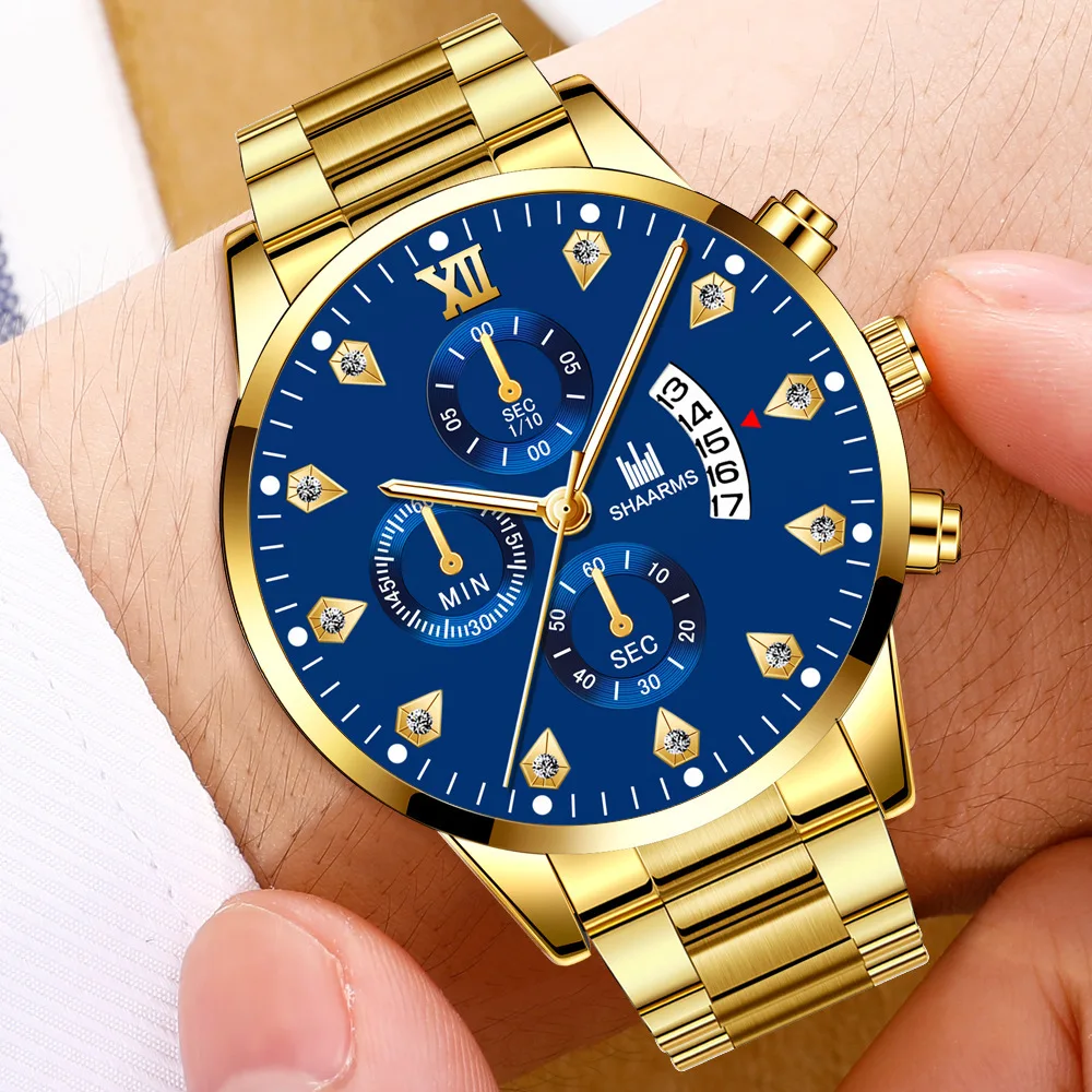 2021 Luxury Brand SHAARMS Alloy Strap Men's Watch Diamond Waterproof Quartz Watch for Men's Analog Three-eye Calendar Male Clock