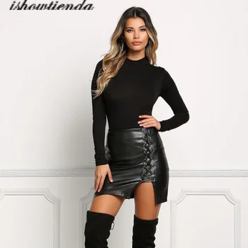 

2020 New Fashion Women Casual High Waist Skirt Bandage Leater Skirt solid leather daily wear charm dropShipping