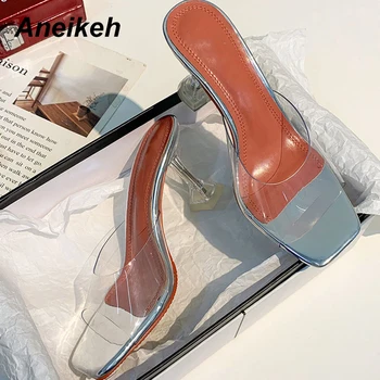 

Aneikeh PVC Slides Women Beach Fashion Women Heeled Sandals Slippers Square Toe Elegant Slippers Ladies Jelly Shoes Size 34-42