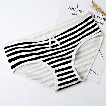 

NewWomen Underwear Striped Print Briefs Cotton Female Intimates Low Waist Briefs With Bow Comfy Breathable