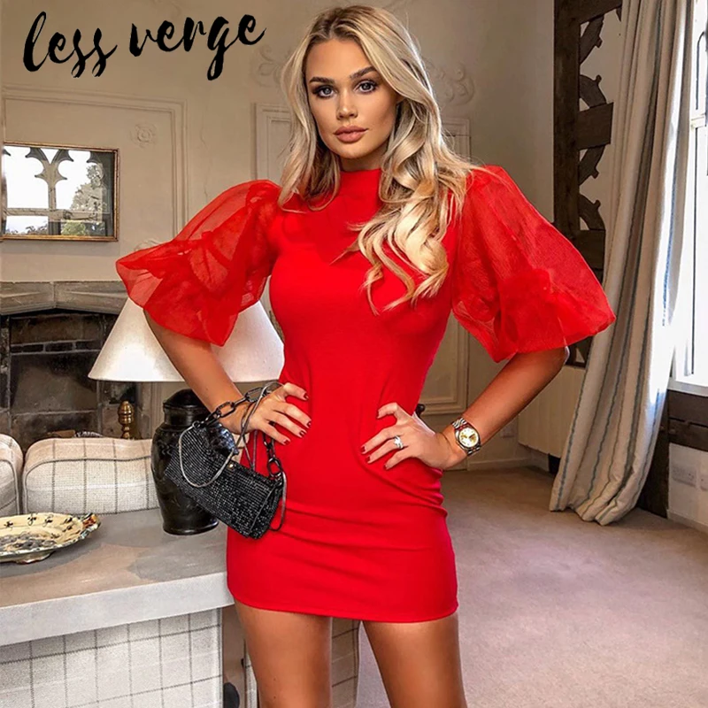 Женское Сетчатое платье с пышными рукавами Lessverge красное элегантное осеннее