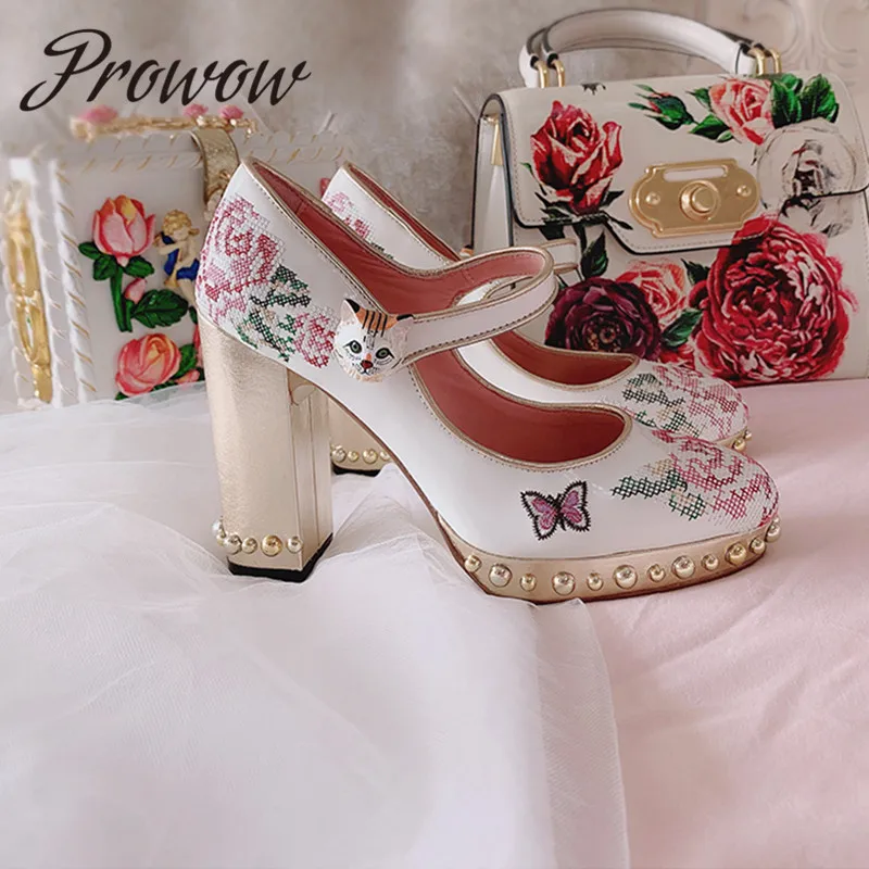 

Prowow New Genuine Leather Round Toe Sexy Platform Pumps Floral Knitted Printed Floral Mary Jane Pumps Shoes Women