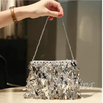 

Sac A Main Silver Sequin Handbag 2020 Fashion Shiny Diamond Small Purse Women Hand Bag Tassel Crossbody Chain Shoulder Bag