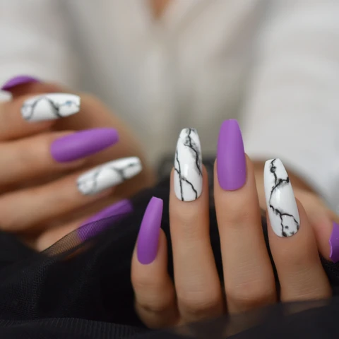 Nail Kits Mix Nails Art Tips Black White Marble Matte Cream Pink Extra Long Ballerina Faux Ongles for Party
