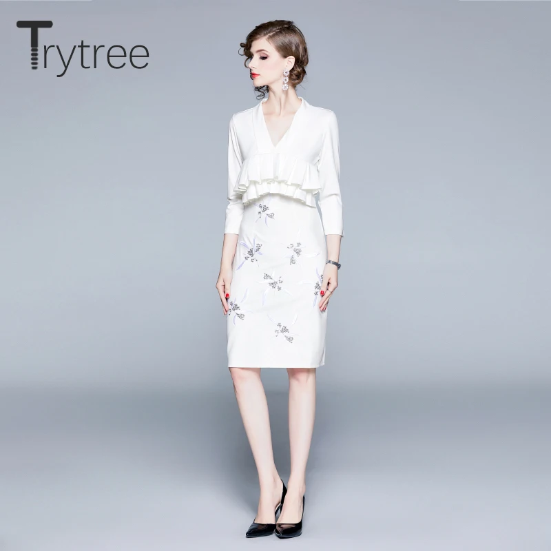 Trytree осеннее женское Повседневное платье с v-образным вырезом, однотонная вышивка, оборки, молния, рукав три четверти, а-силуэт, свободное модное элегантное
