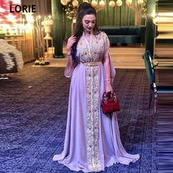 LORIE Lavander Muslim Evening Dresses Formal Plus Size Short Sleeve Chiffon Lace Appliques Moroccan Kaftan Prom Gowns Customized