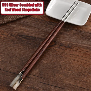 

999 Silver Chopsticks Creative Silver Chopsticks Household Flatware Sets Silver Metal Red Wood Chopsticks