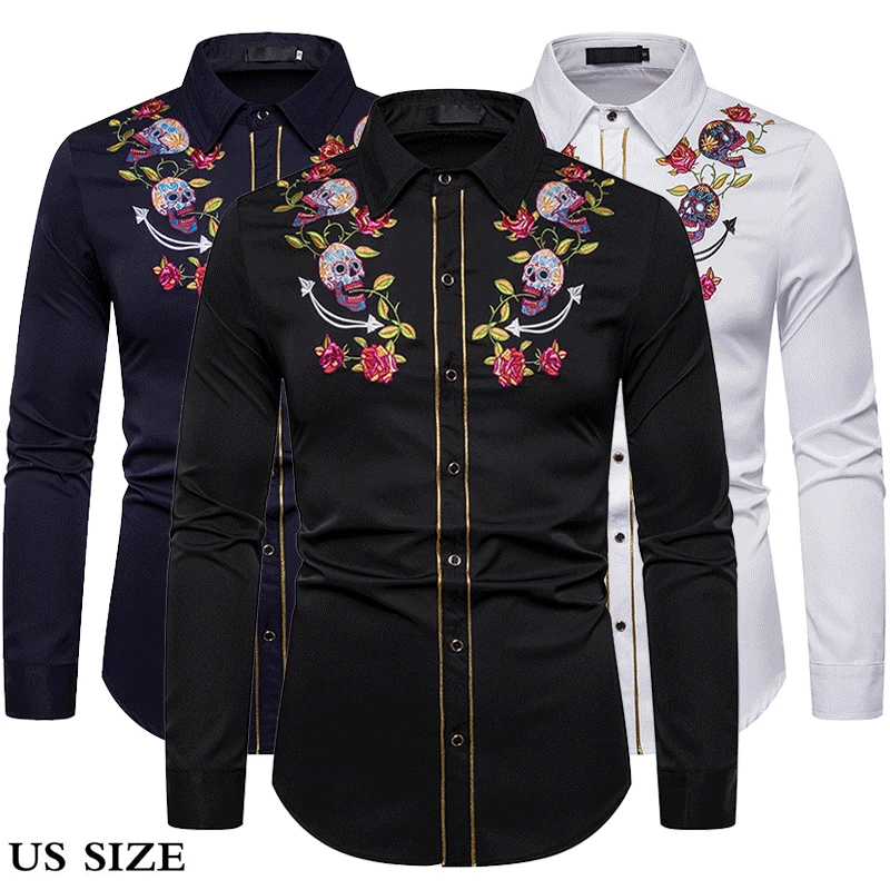 Мужская джинсовая Модная рубашка с вышивкой в западном стиле, Тонкая Повседневная рубашка с длинным рукавом на пуговицах, Мужская модная рубашка в национальном стиле, S-XXL