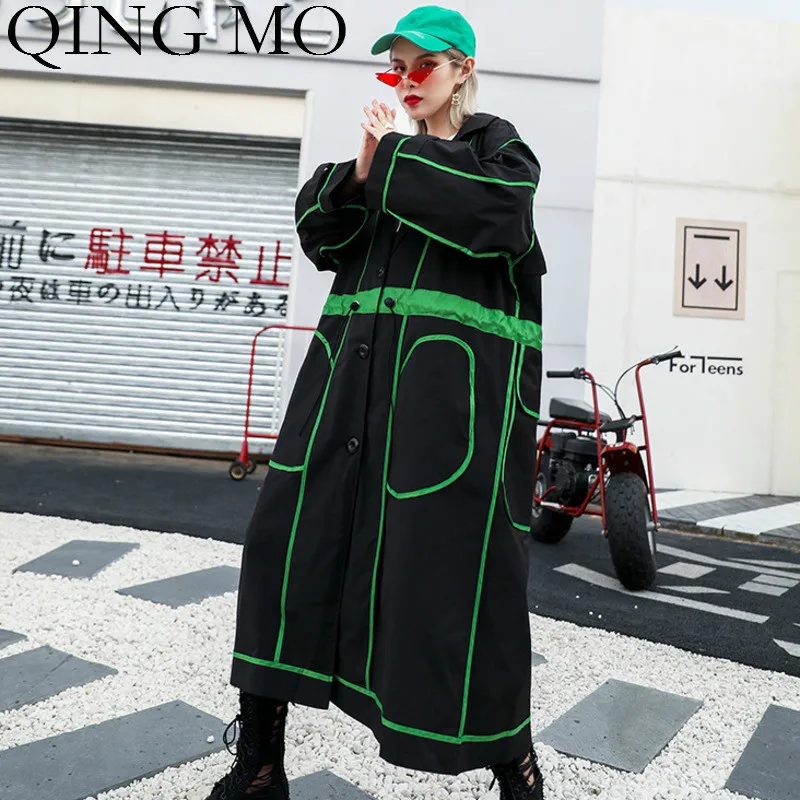 

QING MO Fashion Brand Patchwork Color Women Coat Drawstring Overcoat Women V Neck Full Sleeve Loose Coat Single Breasted ZQY1621