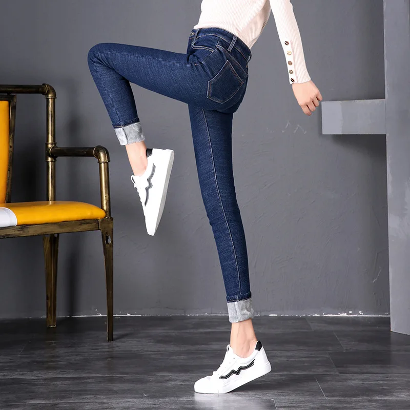 blue velve Ankle Модные женские зимние теплые вельветовые утолщенные джинсы с высокой талией обтягивающие Стрейчевые джинсы размера плюс прямые узкие джинсы на молнии - Цвет: blue velve Ankle