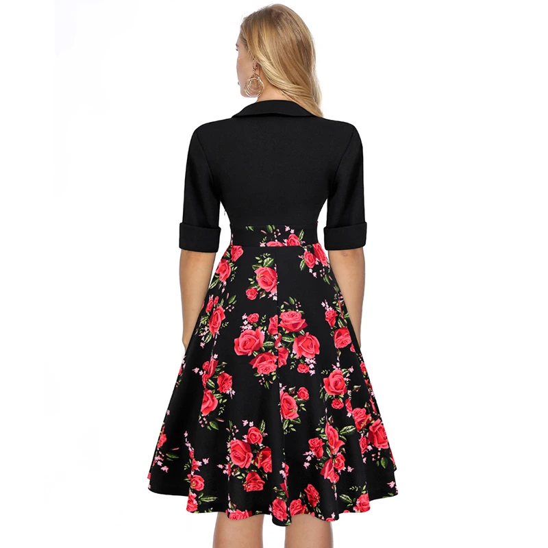 Europe Women Vintage Floral Print A-Line Dress Half Sleeve Black Spliced Dresses Casual Summer Streetwear Elegant Lady Clothing