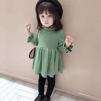 

Baby Girl Dress 0-7 years old Wool Knitted Dress Solid Color Flared Sleeves Pile Pile Collar Europe and America Cute Clothing