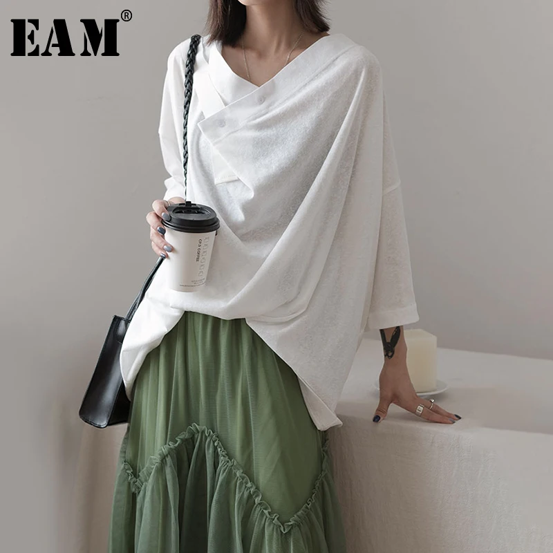 [EAM] Женская белая Асимметричная тонкая футболка большого размера, новая модная футболка с круглым вырезом и длинным рукавом, весна-осень JZ454