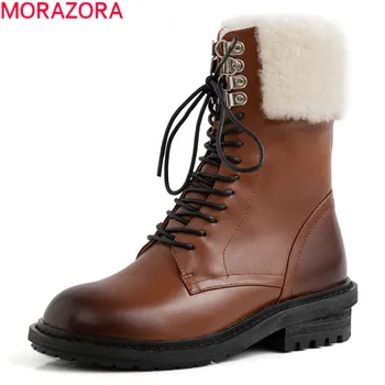 

MORAZORA 2021 Genuine Leather Boots Med Heels Round Toe Keep Warm Ankle Boots Fashion Lace Up Women Boots Black Brown