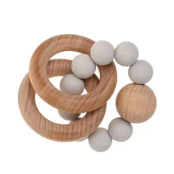 

Baby Rattle Bracelet BPA Free Silicone Teether Organic Wooden Ring Teething Toy C6UF