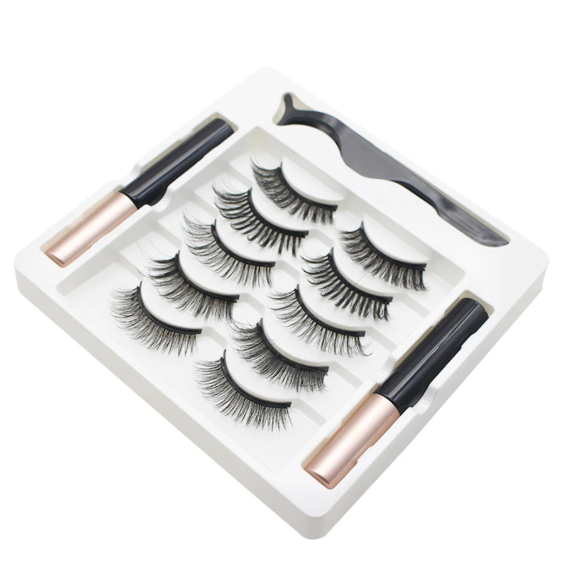 Fake Eyelashes AILEISHI 5 Pairs 3D Magnetic Eyelashes Magnet Eyeliner Handmade Fake lashes Waterproof Liquid Long Lasting Eyelashes Set Makeup