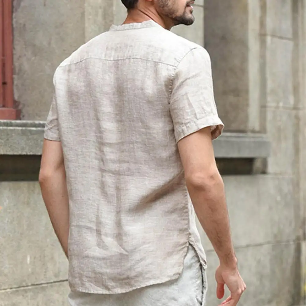 Summer Men Shirts Button V Neck Patch Pocket Linen Top Short Sleeve Shirt Summer Men's Clothing футболка XXXL