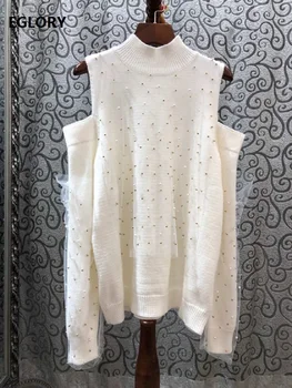 

2019 Fall Winter Fashion Pullovers High Quality Ladies Sexy Off Shoulder Golden Beading Tulle Mesh Patchwork Black White Jumpers