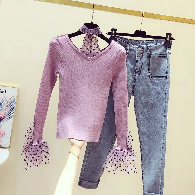 2020 Spring New Korean Style Women's Clothing Mesh Panel Sweater Long-Sleeve V-neck Top Temperament Sweaters Pull Femme Jumper