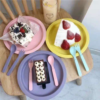 

Lovely Macaron Color Plate with fork and spoon Tableware suit Creative Dessert Plate Multi-function Plastic Foods Kitchen Tray