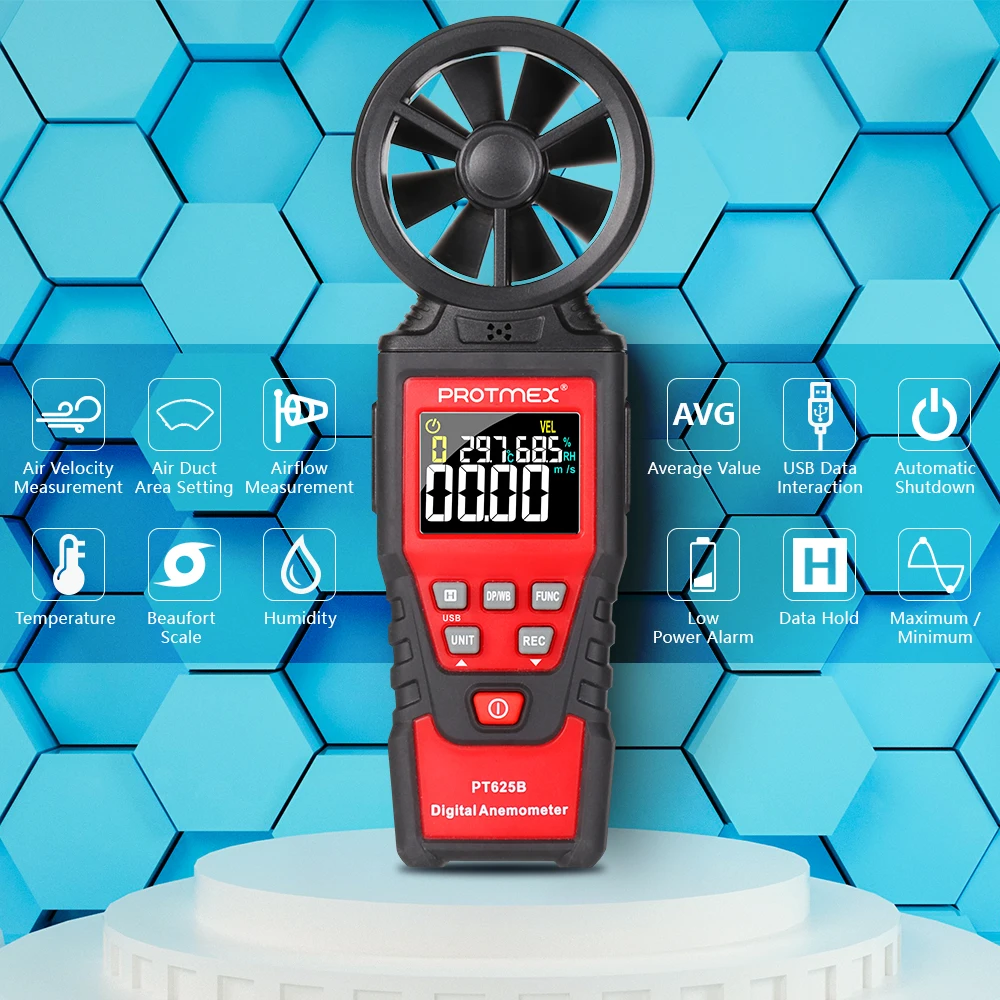 PT625B цифровой анемометр Скорость Ветра Скорость воздуха измеритель скорости с температурой влажности точки росы температуры и USB контроль данных