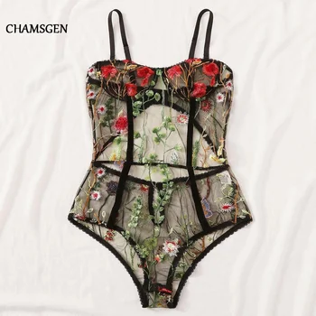 

CHAMSGEN Bra Briefs Sets 2020 Sexy Women Plus Size Lace Lingerie Underwear Red Floral Perspective Bodysuit Sleepwear Teddy F525