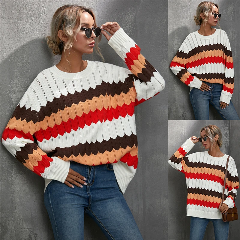 

Autumn winter new women's wave pattern color matching sweater hollow loose loose leisure stripe hit color pullover sweater women