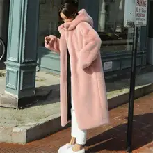 Женское пальто весна осень толстое теплое с капюшоном длинное пальто из искусственного меха женское повседневное свободное пушистое искусственный мех енота пальто R77