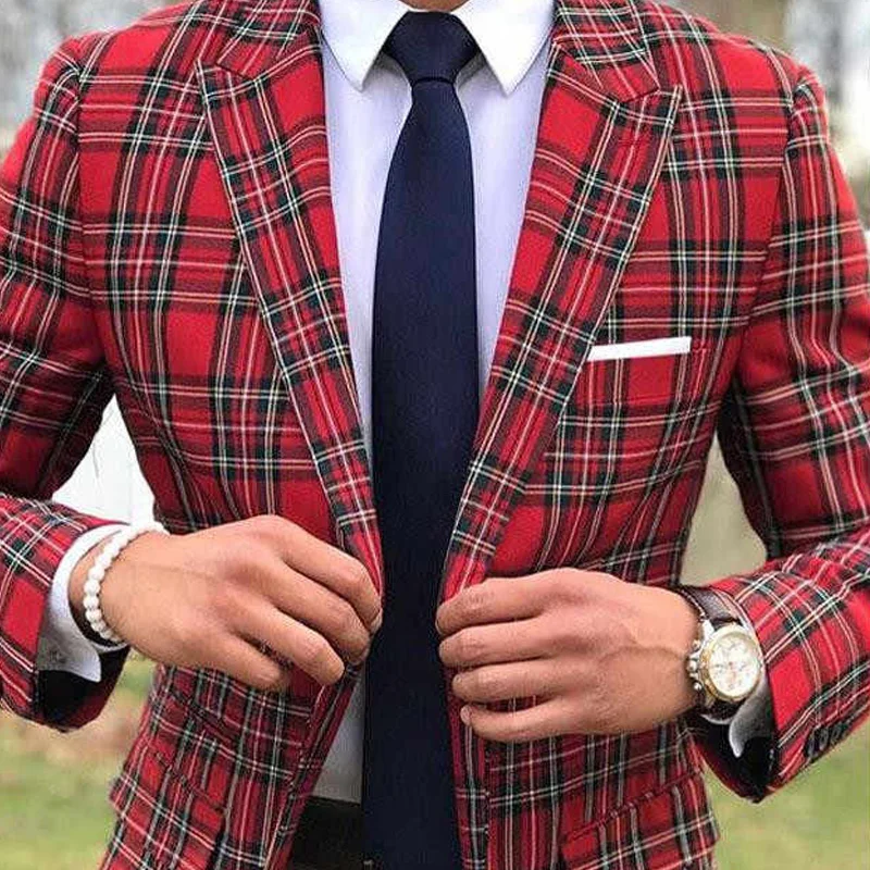Fashion Scottish Plaid Men Suits for Wedding Groom Tuxedos Slim Fit Peaked Lapel Male Suit 2 Piece Blazer with Pants