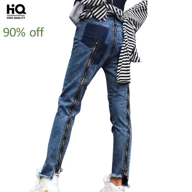 

Hip Hop Streetwear New Harajuku Zip Womens Denim Pants Personalized Tide Slacks Punk Handsome Slim Fit Asymmetrical Jeans