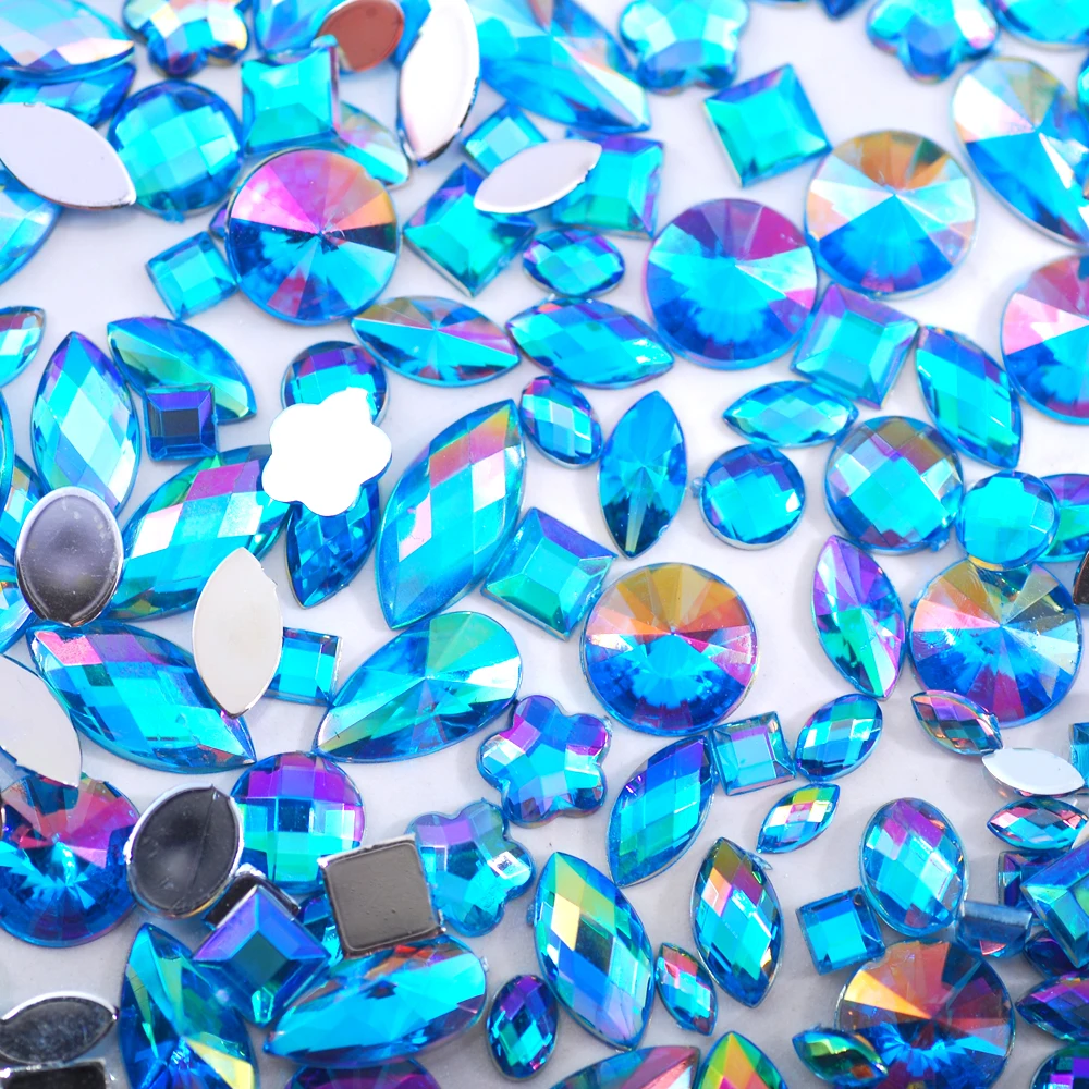 Sky Blue Glitter AB Nail Art Crystal Rhinestones - 300Pcs Mixed Shape Flat Back 3D Decoration Stones