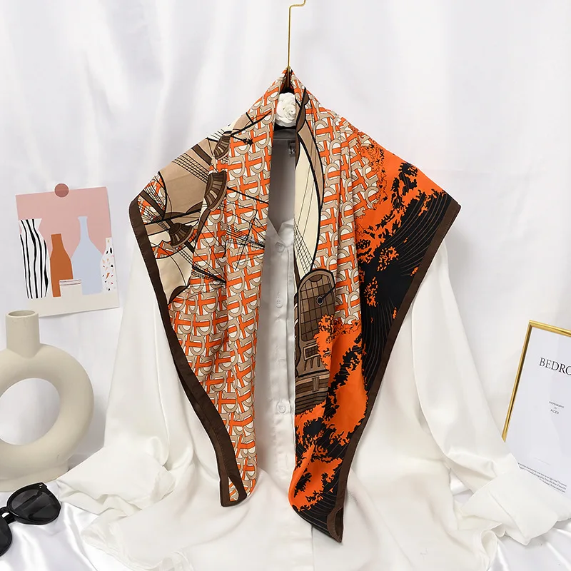 

Versatile Silk Scarf Women Large Shawls Floral Print Stoles Square Bandana Luxury Brand Kerchief Scarves Tie Female Foulard 90cm