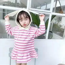 Платье в полоску в Корейском стиле для девочек модные хлопковые весенние платья с капюшоном для девочек От 1 до 6 лет, PP967