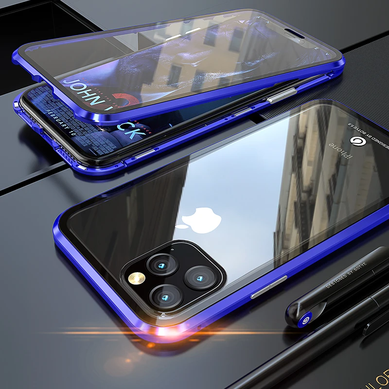 Magnetic Case Full Protect For iphone 11Pro Max Luxury Armor Shockproof Metal Frame Clear Tempered Glass Cover For iphone11 Pro - Цвет: blue