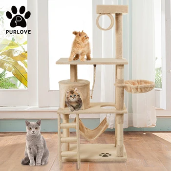

146cm Cat Scratcher Kitten Tree Tower for 1-3 Cats with Scratching Post Hammock Pet Climbing Activity Centre Play House Toy