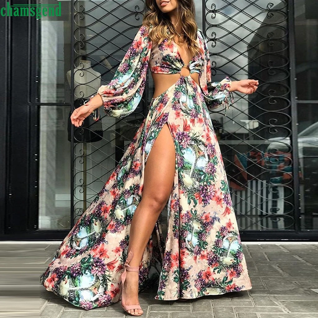 

Chamsgend Ladies Sexy V-neck Prom Gown Dress Fashion Women Floral Print Split Long Sleeve Dress Autumn Vestido De Fiesta