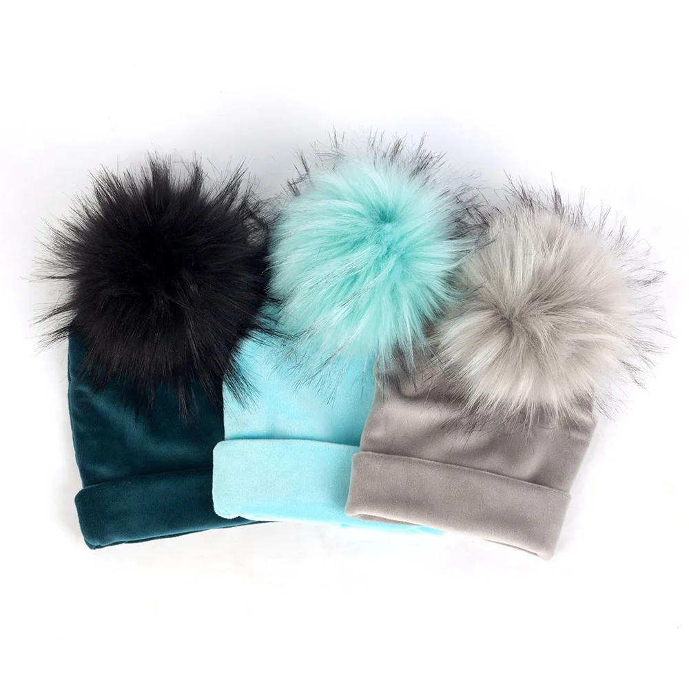 

2019 Autumn Winter Thicker Warm Velvet Childs Kids Faux Fur Pompom Beanies Hats Soft Newborn baby Boys Girls Toddler Cotton Hats