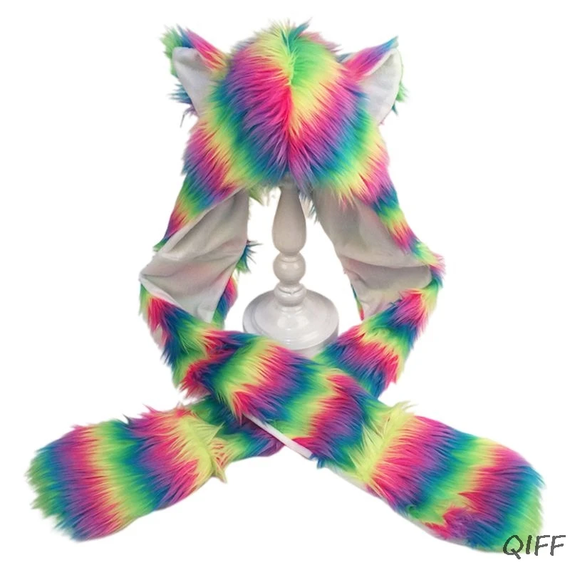 3 In 1 Women Girls Rainbow Fluffy Plush Wolf Ears Animal Hat Hoodie Scarf Earflap Cap with Paws Mittens Gloves Winter Warmer - Цвет: 1