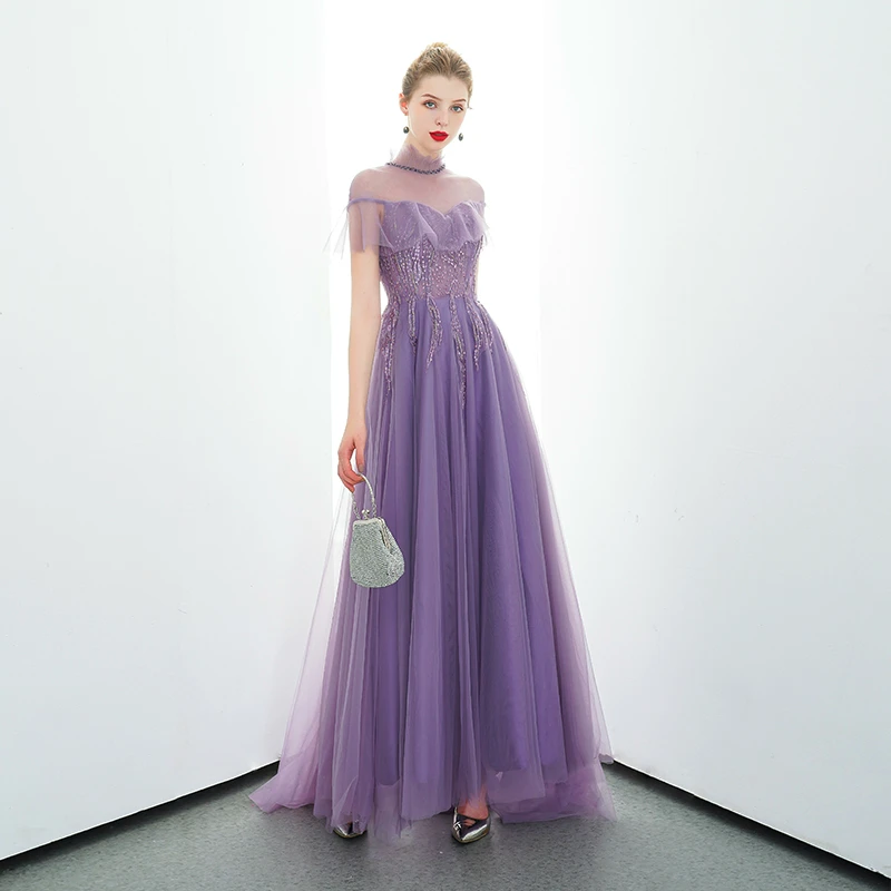 SSYFashion Новое Фиолетовое длинное вечернее платье, для банкета элегантная женская обувь на высоких каблуках с круглым вырезом развертки поезд с аппликацией из блесток Формальное вечернее платье Vestido De Noche - Цвет: Фиолетовый