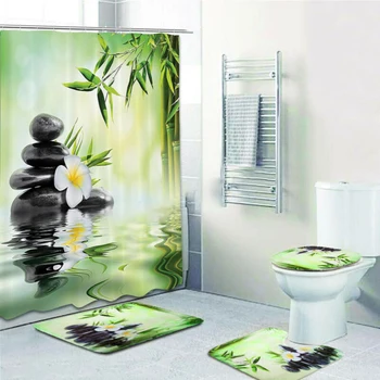 

4Pcs Bamboo Bathroom Set Shower Curtain Toilet Lid Cover Bath Mat Non-Slip With A C-shaped Curtain Hook Standard-sized Bathrooms