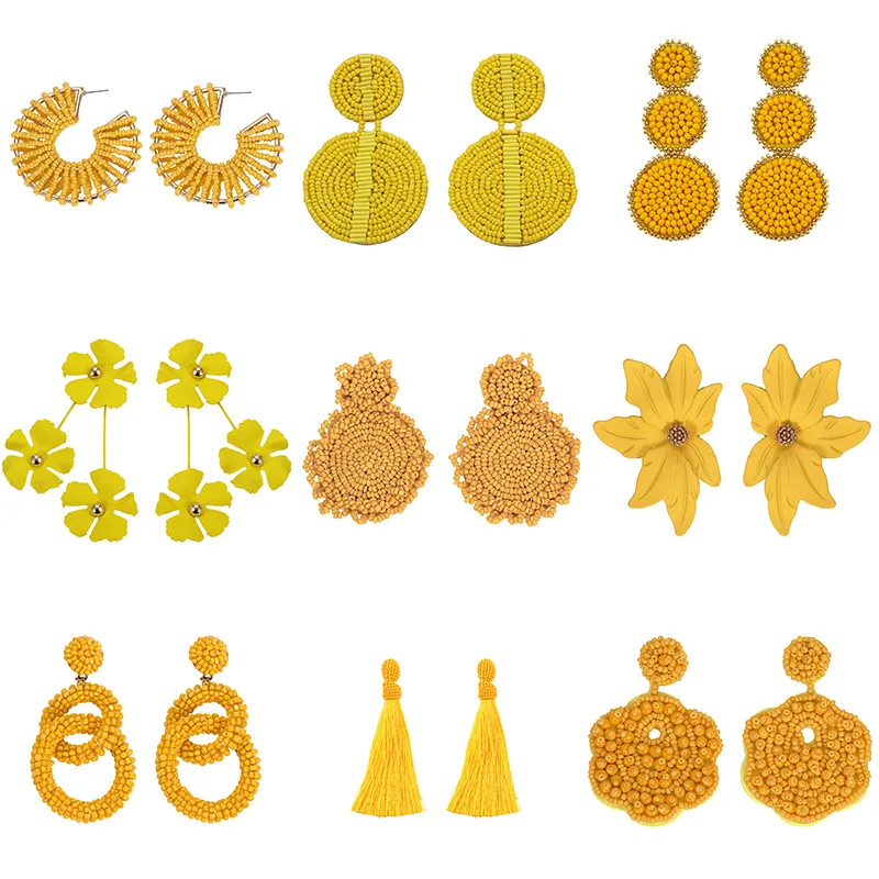 

Yellow Beads Tassel Dangle Drop Earrings For Women Fashion Handmade Boho Flower Geometric Statement Jewelry Long Big Earrings
