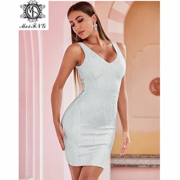 

Summer New Design Sexy Bandage Skirt Silver Striped V-neck High Waist Dress Stretch Tight Dress Skirt