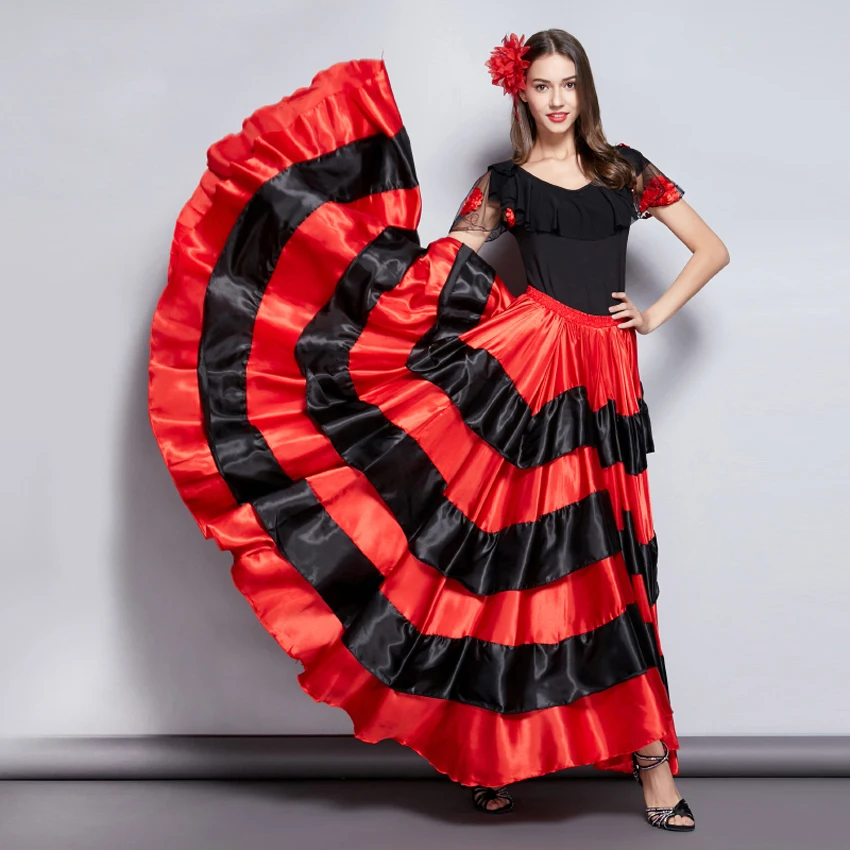 Adult Kids Gypsy Girls Women Spanish Flamenco Skirt Striped Satin Silk Big Swing Belly Dancing Red Skirt Team Performance