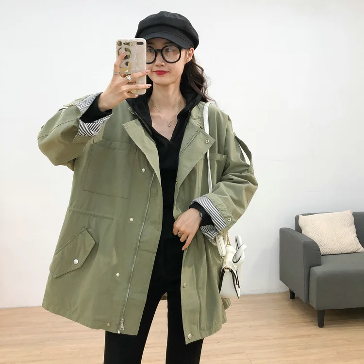 

Loose And Plus-sized Long Sleeve Stand Collar Workwear Coat Women's Autumn Versatile Slimming Mid-length Drawstring Jacket Trenc
