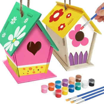 

Outdoor Birdhouse Kit DIY Birds House Kit with Paint and Pen for Kids Children HFing