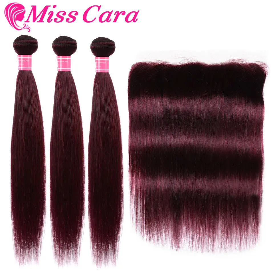 

Miss Cara 30#99J#Burgundy# Bundles With Frontal Peruvian Straight Hair 3 Bundles With Frontal Remy Human Hair With Frontal