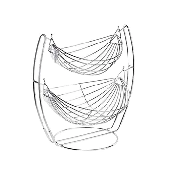 

NEW-Double Layer Fruit Basket Kitchen Home Wrought Iron Removable Large Capacity Fruit Tray Organizer Fruit Cradle-Silver