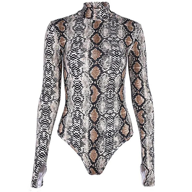 brown Bodysuit Comeonlover Женский пуловер с воротником под змеиную кожу, топы с высоким воротом, боди Amazon, Лидер продаж, комбинезон с длинными рукавами, комбинезон RI80763 - Цвет: brown Bodysuit