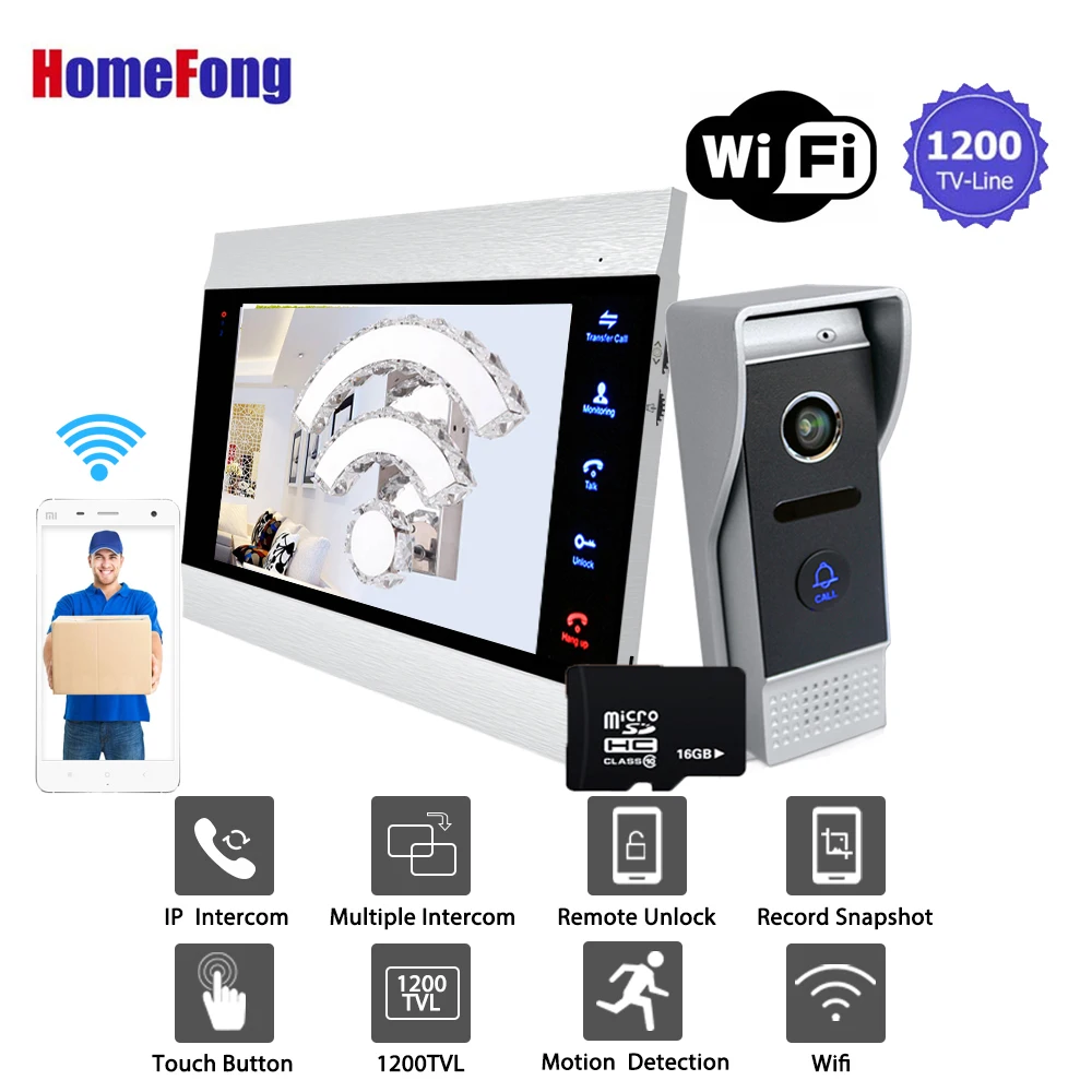 [1200TVL] Homefong 7 дюймов Смарт Wifi видео домофон система дверной звонок с камерой Домашняя безопасность запись разблокировка - Цвет: With 16GB sd card